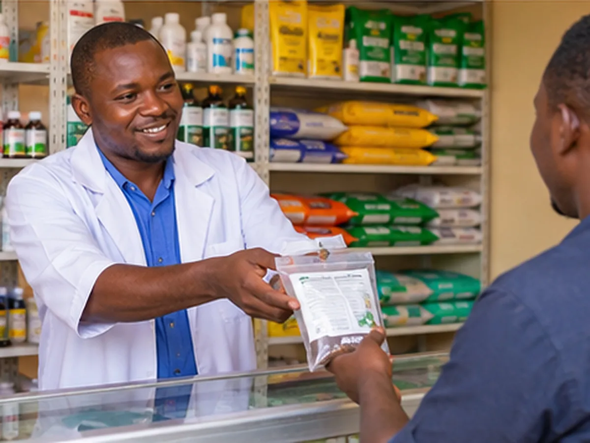 Pharmacien vétérinaire qui sert un client à son comptoir