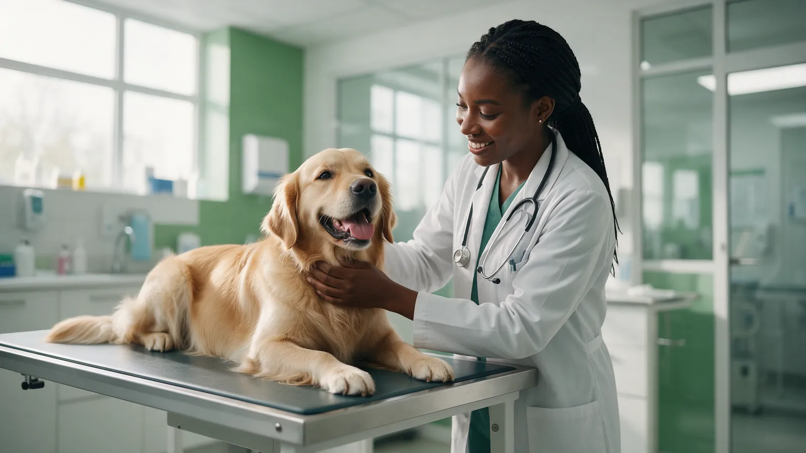 Vétérinaire souriante examinant un chien en consultation