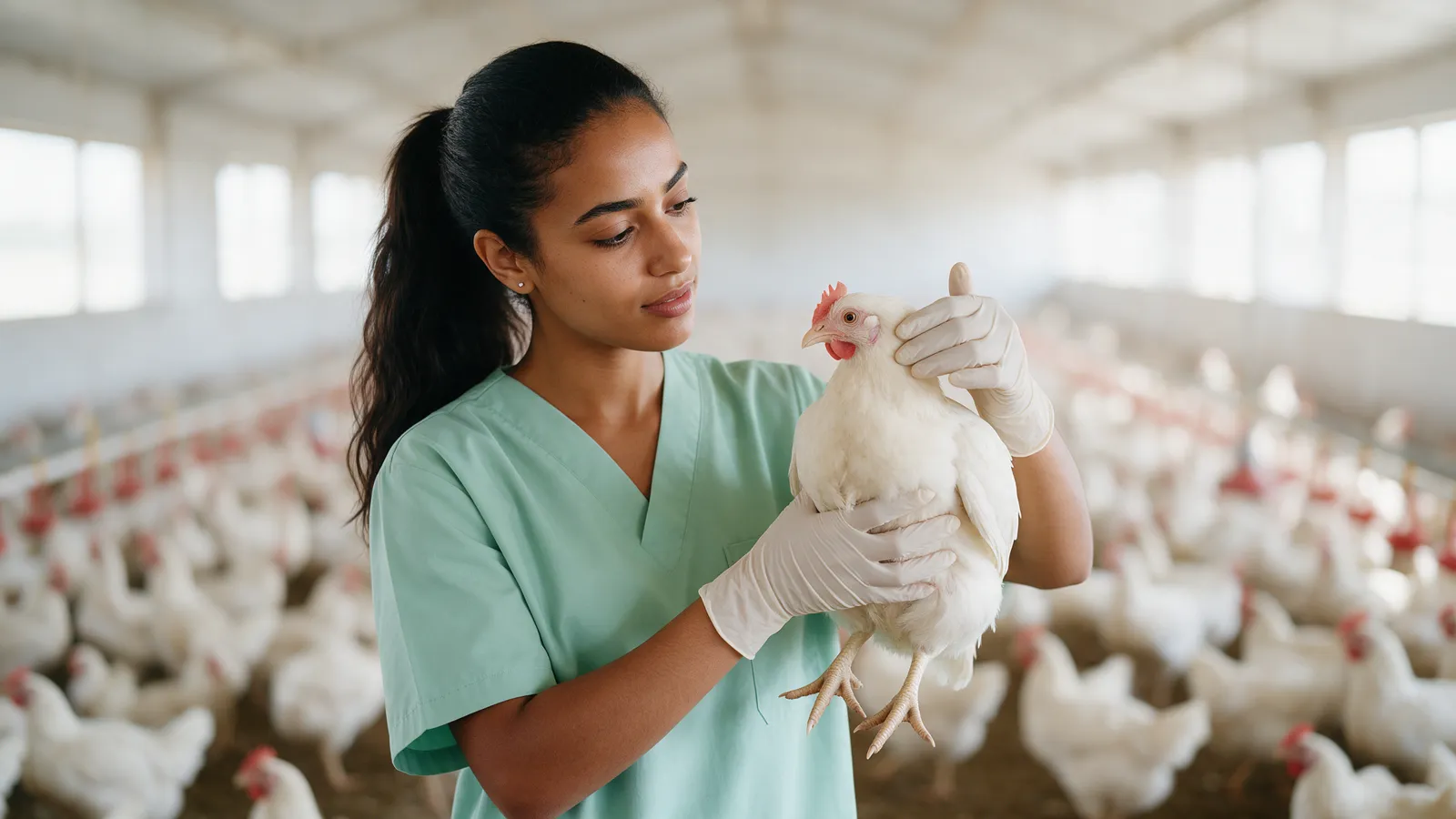 Vétérinaire examinant une poule dans un élevage avicole